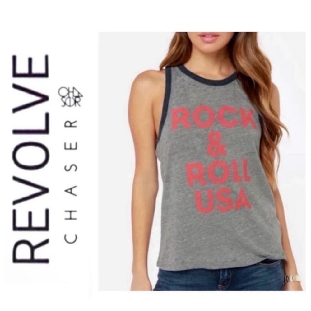 NWT Revolve x Chaser Rock and Roll USA Burnout Grey Racerback Tank